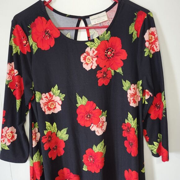 Bobbie Brooks Floral Tunic Dress Medium Black Red Pink 3/4 Sleeve Soft... - Picture 3 of 8